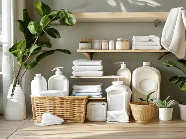 Composizione Comfort per lavanderia domestica organizzata: legno trattato, tessili migliori, cesti coordinati e accessori robusti portano calore in una stanza tecnica