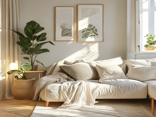 Composizione Base per salotto moderno essenziale: lampada, cuscini, tappeto, profumo o parete iniziano a disegnare una pausa più morbida